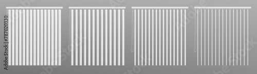 Office window vertical jalousie opening steps. Closed, ajar and open home interior venetian blind. Realistic 3d vector illustration set of blank white louvers shutter mockup with control cord.