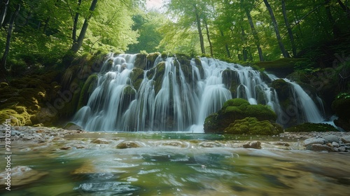 Old forest  waterfall  clear blue sky. Generative AI.