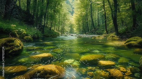 Amidst the lush green forest  a crystal-clear stream winds its way through. Generative AI.