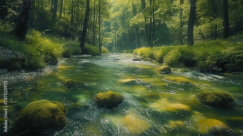 Amidst the lush green forest, a crystal-clear stream winds its way through. Generative AI.