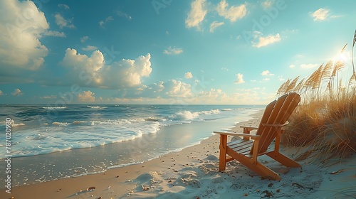 a beach chair placed on the sandy shore, offering a quiet retreat for relaxation and contemplation amidst the beauty of the ocean vista, in stunning 8k full ultra HD.