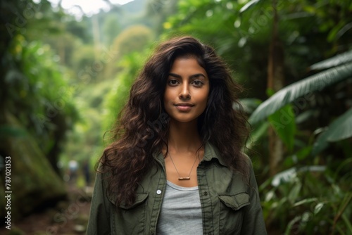 Portrait of a cheerful indian woman in her 20s sporting a rugged denim jacket in front of lush tropical rainforest
