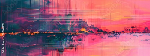 A background with a glitch effect, featuring distorted shapes and fragmented lines, resembling a corrupted digital image. photo