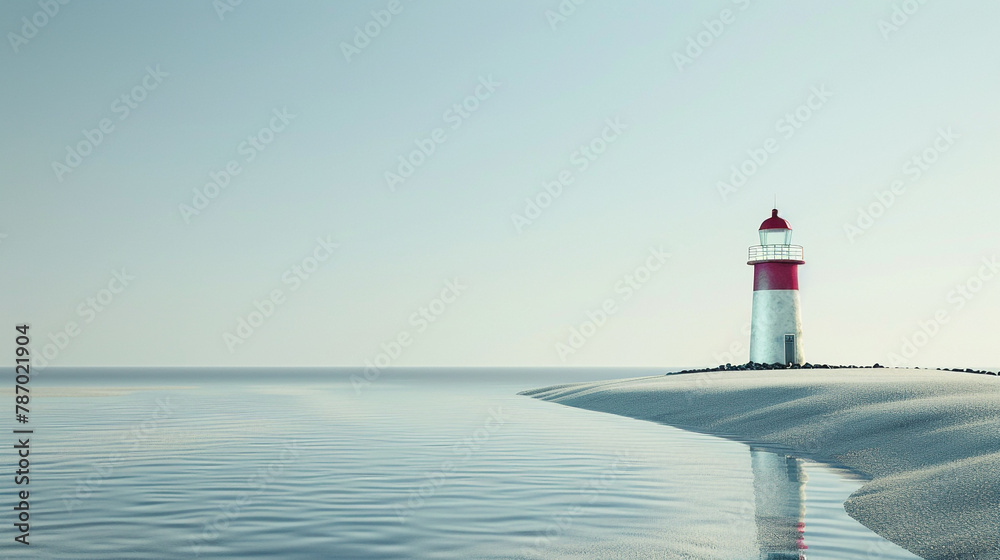 Picture the tranquility of a beach adorned with a solitary lighthouse, set against a clean white background. 