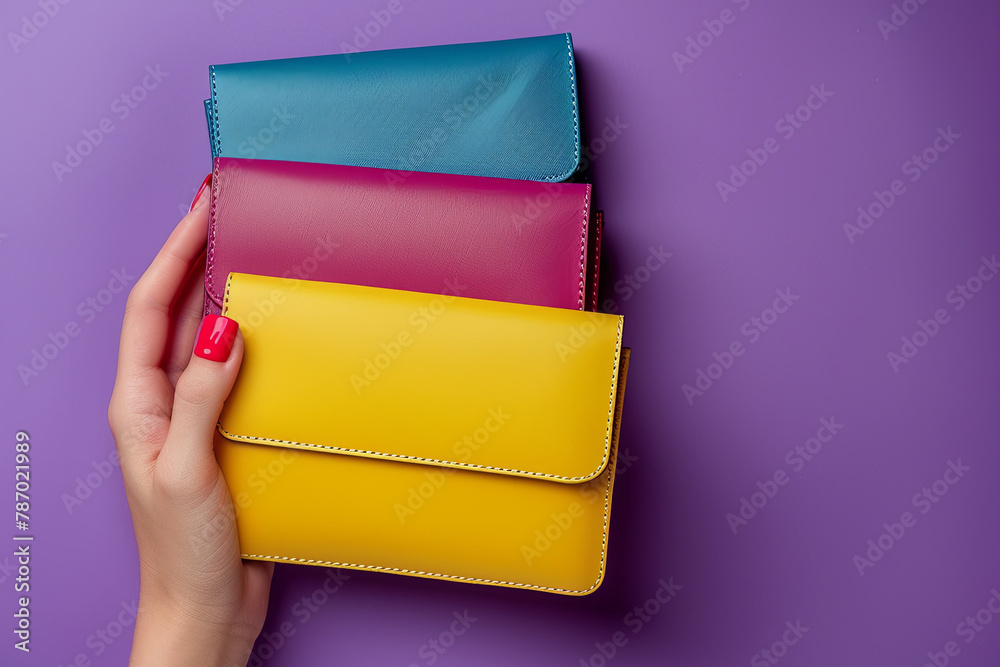 Colourful bags purses on purple background. Woman hand with red manicured nails holding wallet
Colourful bags purses on purple background. Woman hand with red manicured nails holding wallet