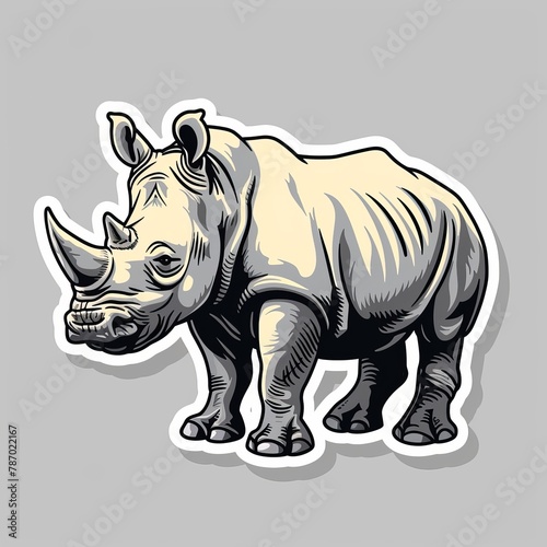 A cartoon rhinoceros  drawn in a simple  flat style. The rhino is white with a grey horn and grey feet.