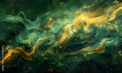 glowing green and yellow marble pattern with swirls of light on a dark background, Generative AI