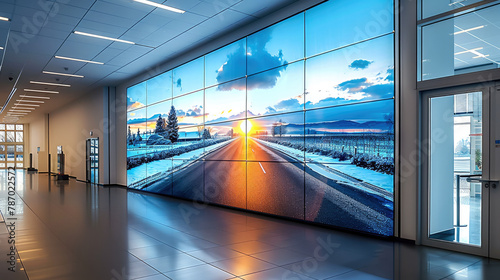 A large digital wall screen in an office displayed a road in the background, The big LED display with a white frame around the edges. Generative AI. photo