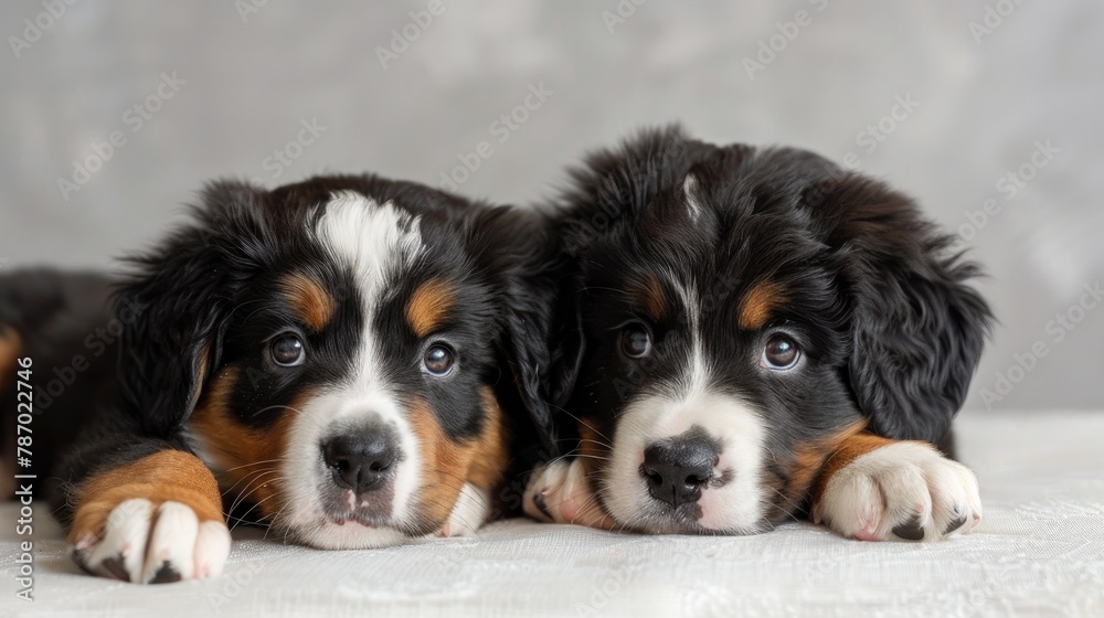 Two adorable Bernese Mountain dog puppies posing in a studio and gazing at the camera on a white backdrop