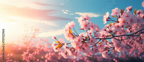 Blossoming cherry or almond tree tops with pink flowers on nature background with blurred blue sky, clouds and golden sunlight on warm sunny spring sunset or sunrise day. Blossom and months season.