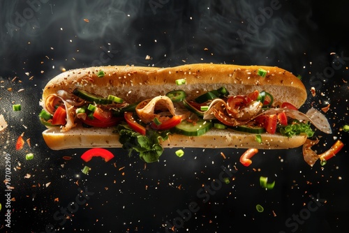 intricate detail and floating hoagie-food concept. 