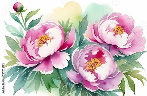 Pink peony flowers, watercolor illustration, postcard with place for text