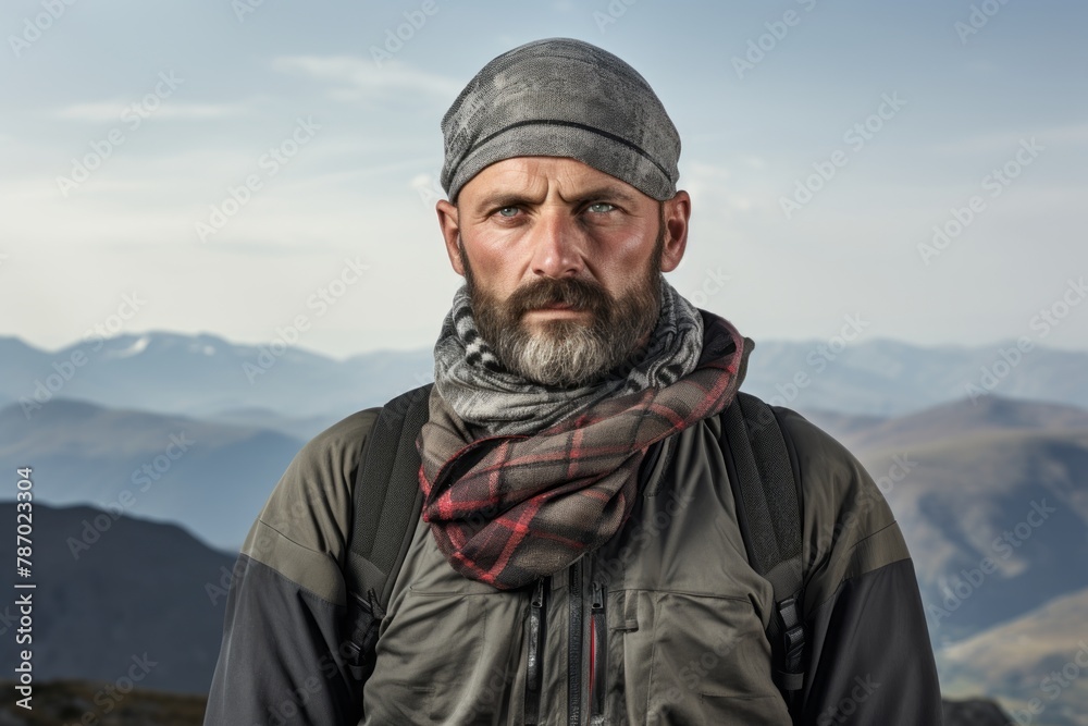 Portrait of a jovial man in his 40s wearing a versatile buff over panoramic mountain vista Portrait of a jovial man in his 40s wearing a versatile buff over panoramic mountain vista