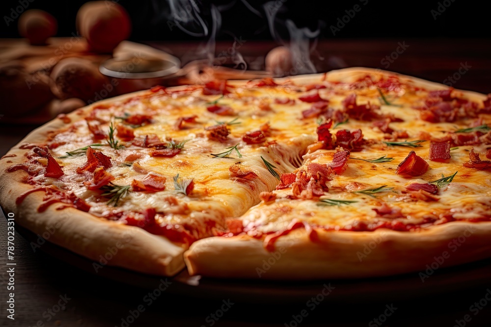 Delicious carbonara pizza with bacon on a wooden table