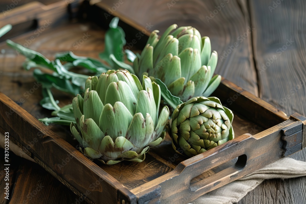 Whimsical Symmetry: A Feast of Artichokes Gracing a Rustic Wooden Tray on an Enchanting Wooden Table Whimsical Symmetry: A Feast of Artichokes Gracing a Rustic Wooden Tray on an Enchanting Wooden Table