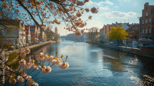Gdansk, Poland - April 3, 2024: Spring flowers blooming on the trees over the Motlawa river in Gdansk. Poland photo