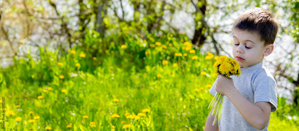 Funny baby sniffs a dandelion. Spring in nature. Allergy to flowering. pollinosis Allergy to pollen.