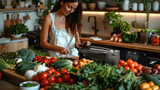A woman using an electric knife sharpener on the kitchen counter surrounded by fresh vegetables and fruits. Generative AI.