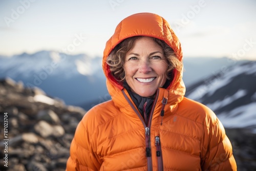 Portrait of a grinning woman in her 50s donning a durable down jacket isolated on panoramic mountain vista © Markus Schröder
