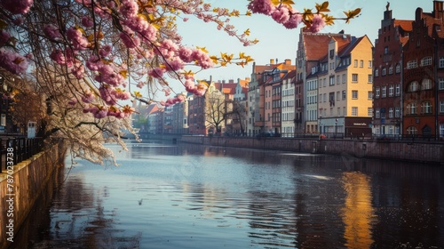 Gdansk, Poland - April 3, 2024: Spring flowers blooming on the trees over the Motlawa river in Gdansk. Poland