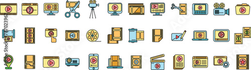 Clip montage icons set outline vector. Studio film. Movie production thin line color flat on white