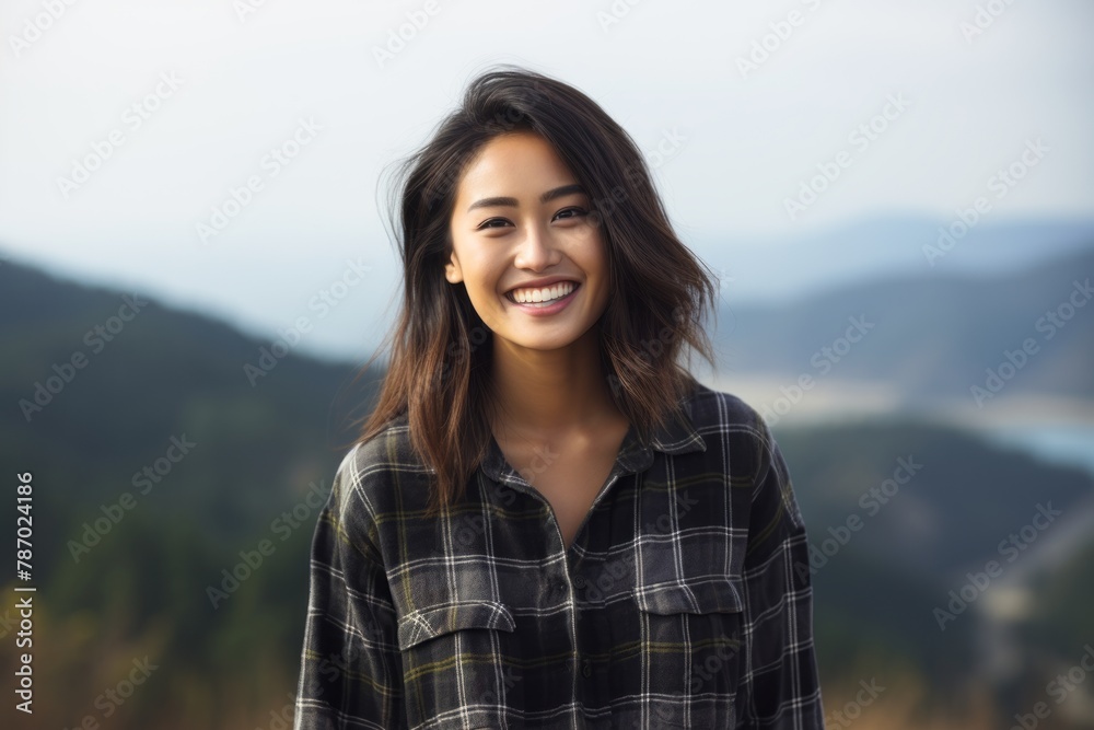 Portrait of a grinning asian woman in her 20s wearing a comfy flannel shirt on panoramic mountain vista