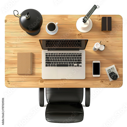 Top view of wooden office desktop with devices and other items. Concrete flooring background. 3D Rendering isolated on a Transparent Background. Generative AI