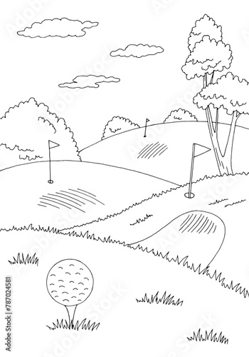 Golf course graphic black white landscape vertical sketch illustration vector 