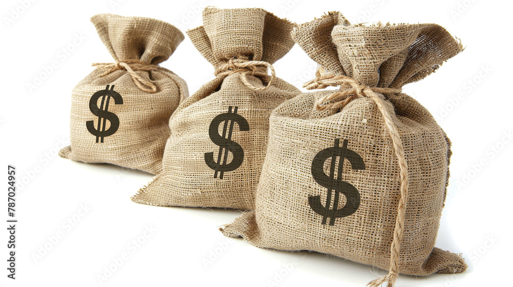 brown burlap bags with dollar sign's, on white background, money bag, banking concept brown burlap bags with dollar sign's, on white background, money bag, banking concept