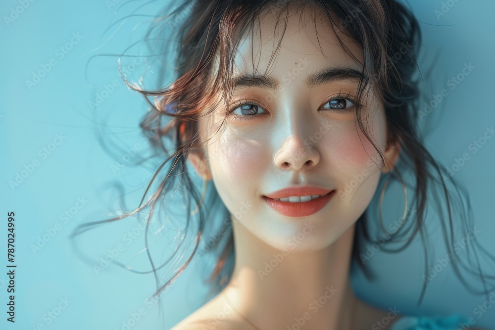A delightful image of a Korean girl with her hair in a tight ponytail, wearing a bright cyan K-pop skirt, her infectious smile set against a pure white studio background A delightful image of a Korean girl with her hair in a tight ponytail, wearing a bright cyan K-pop skirt, her infectious smile set against a pure white studio background