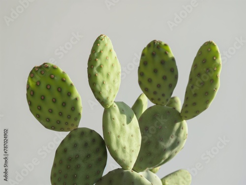 Prickly pear cactus against a white background. Close-up of a green succulent with natural pattern and texture. Concept for desert plants and drought-tolerant gardening.