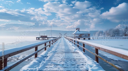 Snow covered pier in Sopot. Winter landscape. Poland
