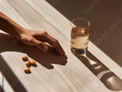 Healthcare Concept with Pills, Glass of Water, and Hand on Table in Natural Light photo