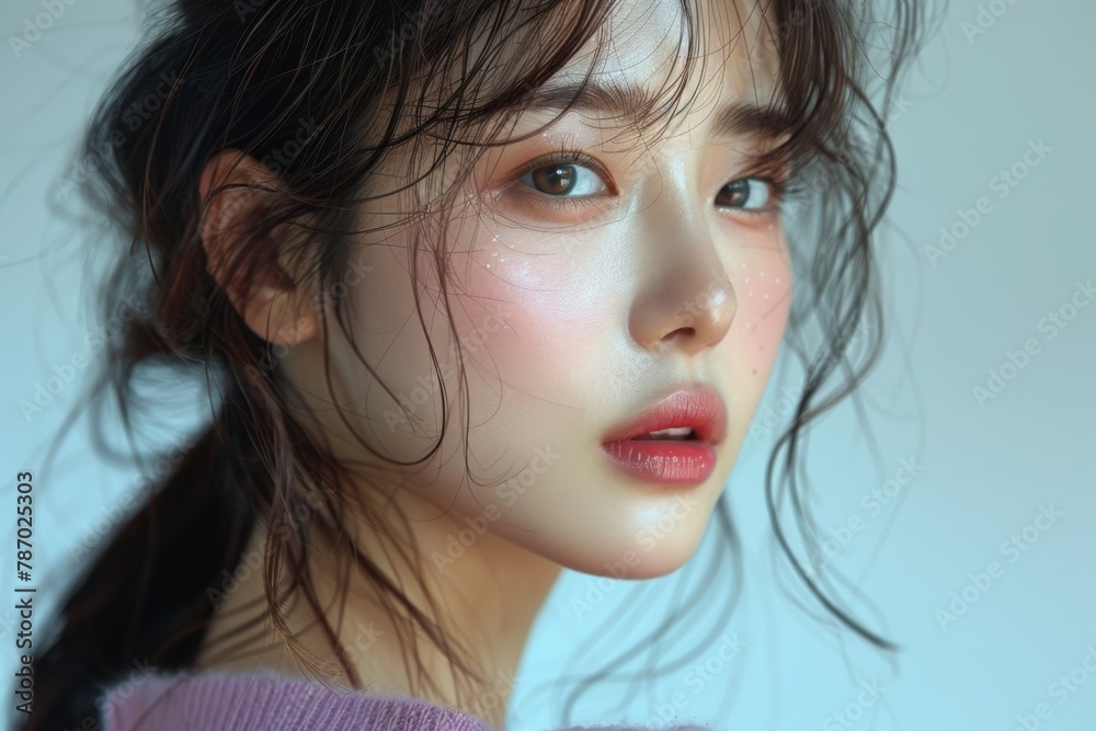 An engaging image featuring a Korean girl with her hair in a sleek ponytail, wearing pastel-colored K-pop attire, captured against a stark white studio backdrop An engaging image featuring a Korean girl with her hair in a sleek ponytail, wearing pastel-colored K-pop attire, captured against a stark white studio backdrop