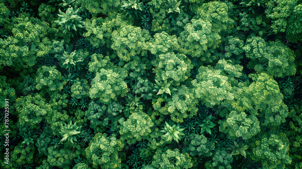 Soar above the treetops with an AI-generated aerial view capturing the dense green foliage of a forest, emphasizing the vital role of trees in capturing CO2 