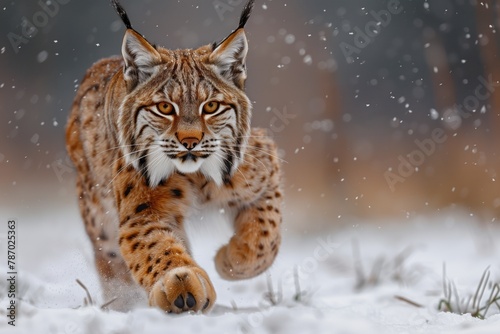 The Lynx, a member of the Felidae family and a carnivorous terrestrial animal, is running through the snow with its whiskers twitching like a small to mediumsized cat, hunting for prey like a fawn