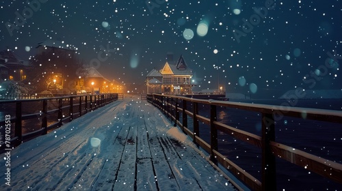 Snowy night at the Baltic Sea pier in Gdansk, Poland