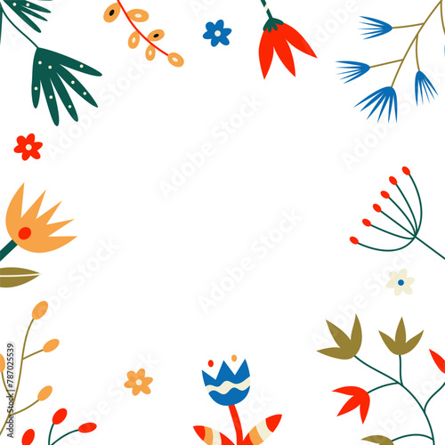 Square frame with north forest flowers on white background. Vector background. 