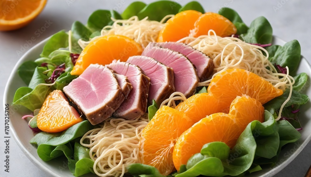 Seared tuna asian style salad with oranges and crunchy noodles