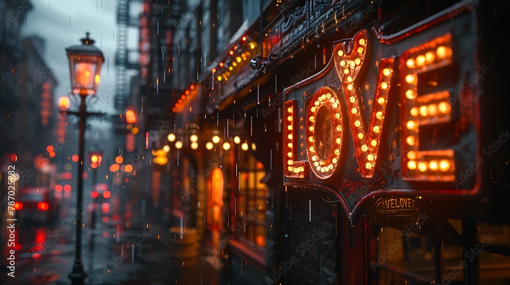 a LOVE printed banner against a backdrop of sparkling city lights and bustling streets, capturing the energy and excitement of urban romance, in breathtaking 8k realism.