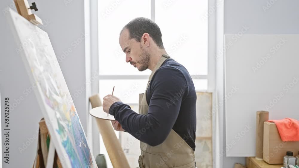 Bald bearded man painting on canvas in a bright studio setting, reflecting art, creativity, and concentration. Bald bearded man painting on canvas in a bright studio setting, reflecting art, creativity, and concentration.