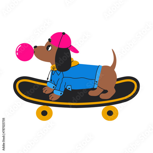 Dachshund dog rides on skateboard 90s vector illustration. Y2k street fashion puppy blowing bubble gum. 