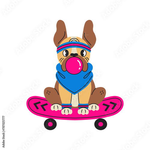 French bulldog blowing bubble gum riding on skateboard. Trendy vector illustration of funny cool puppy in colorful 90s fashion clothes sitting on penny board