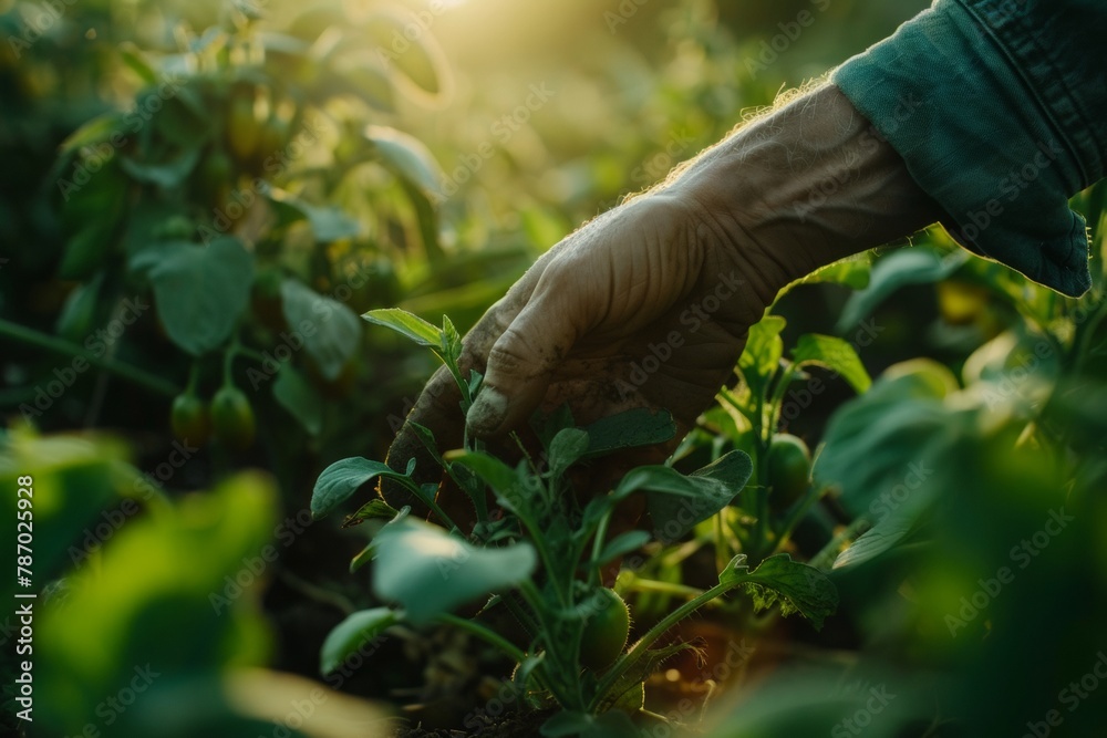 Gardener’s hand nurturing tomato plants in golden hour light, symbolizing organic farming and sustainable living.

