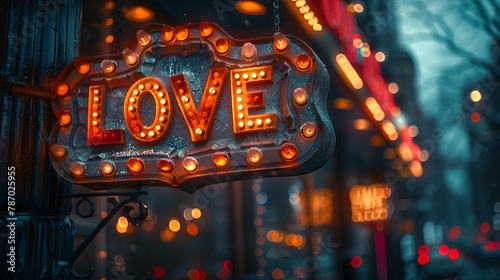 a LOVE printed banner against a backdrop of sparkling city lights and bustling streets, capturing the energy and excitement of urban romance, in breathtaking 8k realism.