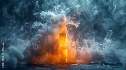 An intense chemical reaction unfolds as a lithium ion battery catches fire, emitting a fierce glow amidst swirling smoke.