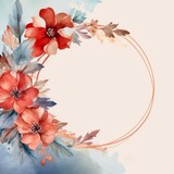 A watercolor painting of a floral wreath with red, orange, and pink flowers.