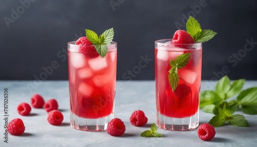 Spring or summer cold refreshing cocktail or mocktail with raspberry and mint