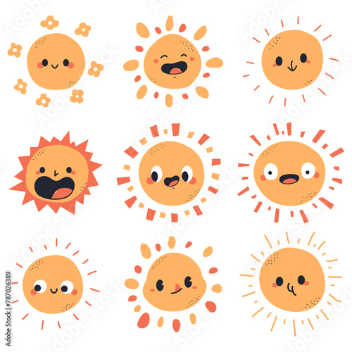 Cute cartoon sun characters vector set isolated on a white background.