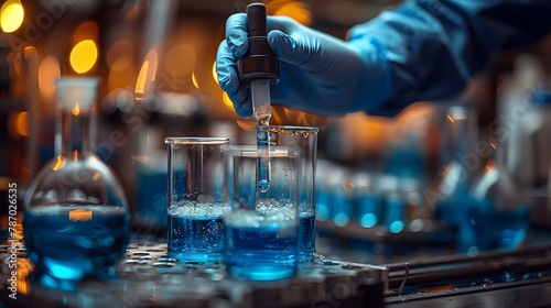 Scientific precision is captured in this high definition image as a gloved hand uses a pipette to transfer a blue chemical solution into a test tube.
